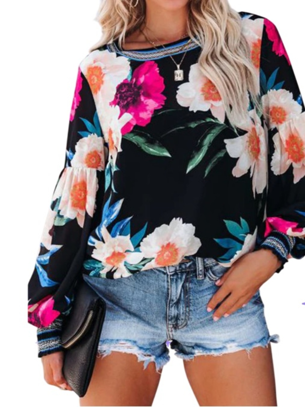 Floral Long-Sleeve Black Blouse. Embroidered sleeve detailing. Size M. Vibrant